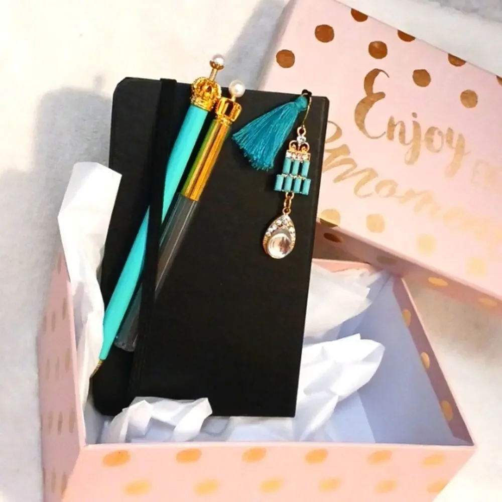 Journal Set Black‎ Hardcover Notebook Jeweled Bookmark Pencil Duo w GIFT BOX New